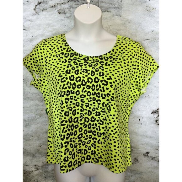 Ruby Rd Womens Petite Lime Green Leopard Print Short Sleeve Stretch Top NEW PXL - Picture 9 of 10